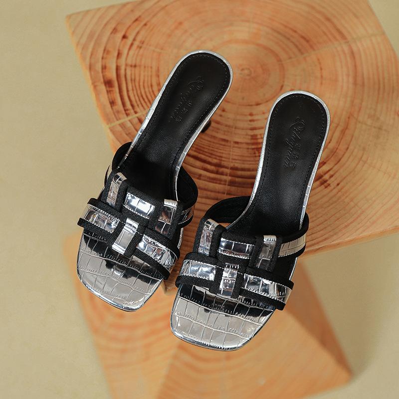 Temperament French Slippers Women's Sandals 2025 New Sandals Plaid Square Heel High Heels One-word