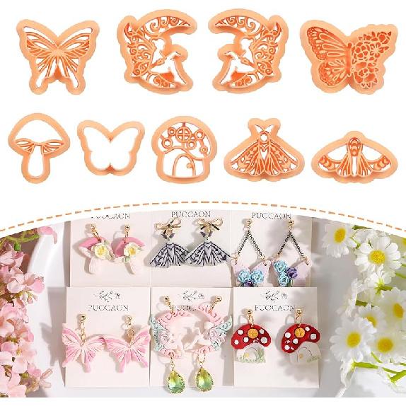 Puocaon Butterfly Polymer Clay Cutters - 9 Pcs Cottage Core Mushroom Clay Cutters for Polymer Clay Earrings, Rural Style Fairy Moth Polymer Clay