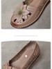 Johnature Ethnic Style Hollow Breathable Flat Sandals Genuine Leather Round Toe Soft Sole Women's Slip-on Shoes