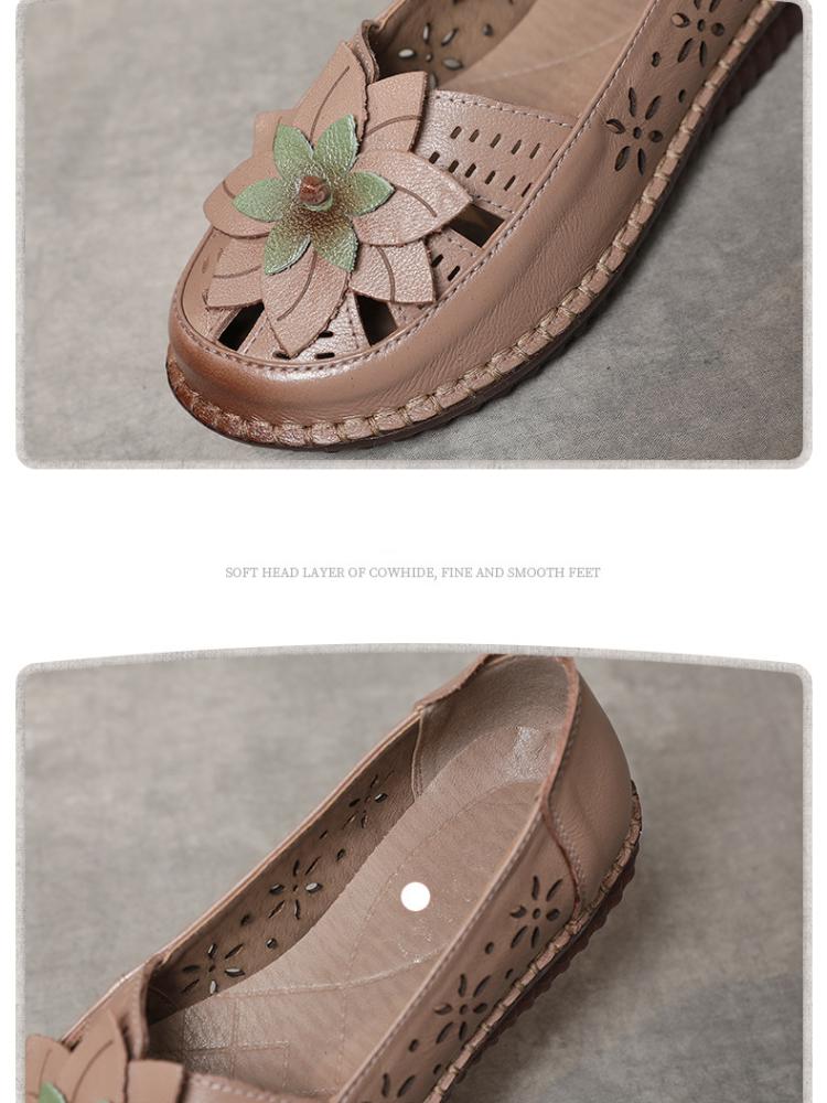 Johnature Ethnic Style Hollow Breathable Flat Sandals Genuine Leather Round Toe Soft Sole Women's Slip-on Shoes