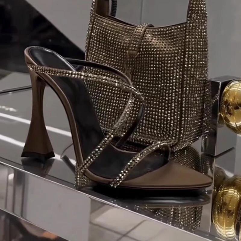 Fashion Summer Pointy Toe Thin High Heels Slippers Women Narrow Band Luxury Rhinestone Mules Slippers Sexy Crystal Party Shoes Woman