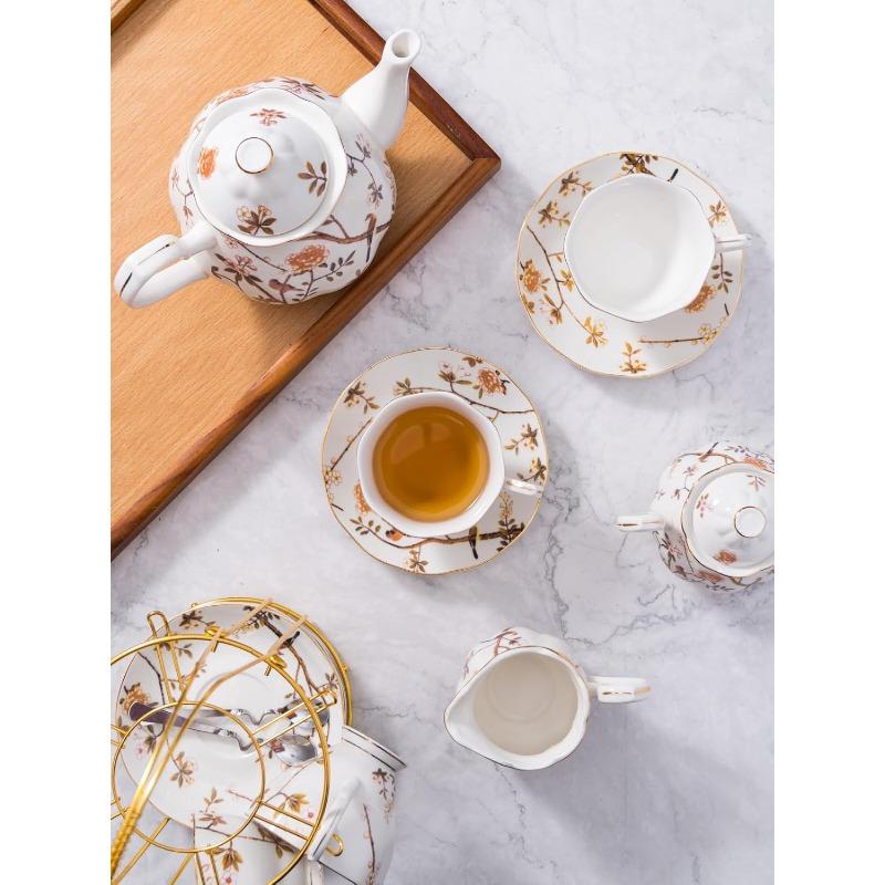 Fine China Bird Tree Pattern Coffee Cup/Teacup Set, 8 OZ Cups& Saucer Service for 4