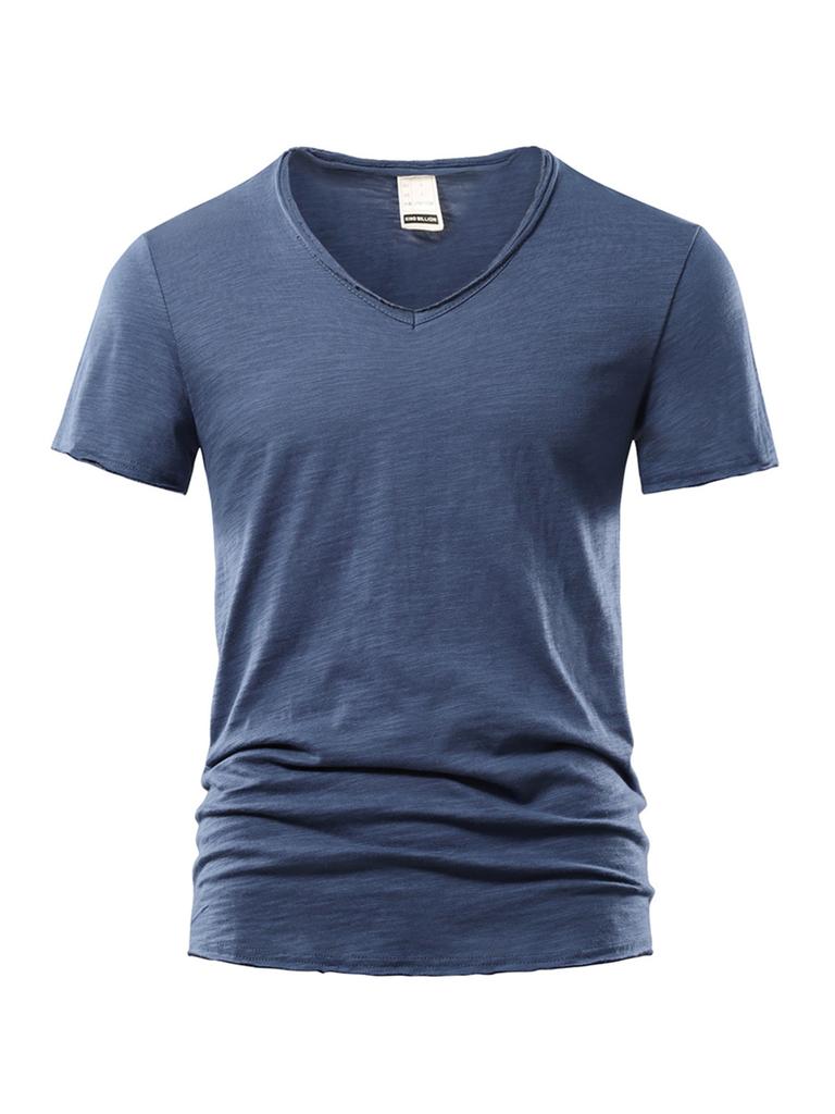 Sommer Strand Herren T-Shirt V-Ausschnitt Slim Fit Reine Farbe Kurzarm Baumwolle Top T-Shirts Männlich Fitness
