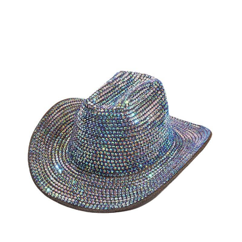 New Diamond-embellished Wide-brimmed Rolled Edge Jazz Hat Unisex European American Party Cowgirl Hat