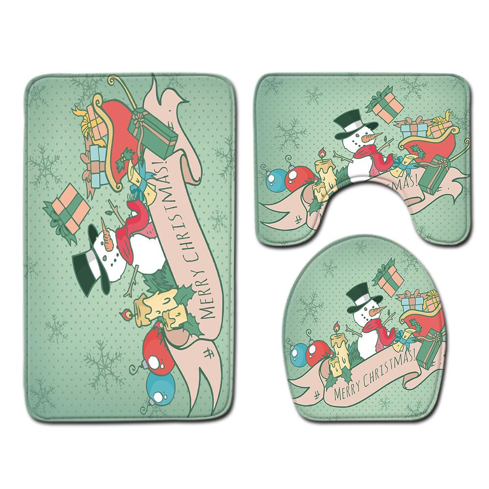Christmas Shower Curtain Floor Mat Combination Four-Piece Bathroom Non-Slip Door Mat Foot Mat Bedroom Living Room Carpet