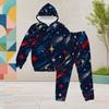 Girls White Printed Hooded Long Sleeve 2 Piece Outfit Kangaroo Pocket Cuffed Pants Set
