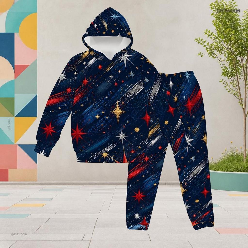 Girls White Printed Hooded Long Sleeve 2 Piece Outfit Kangaroo Pocket Cuffed Pants Set