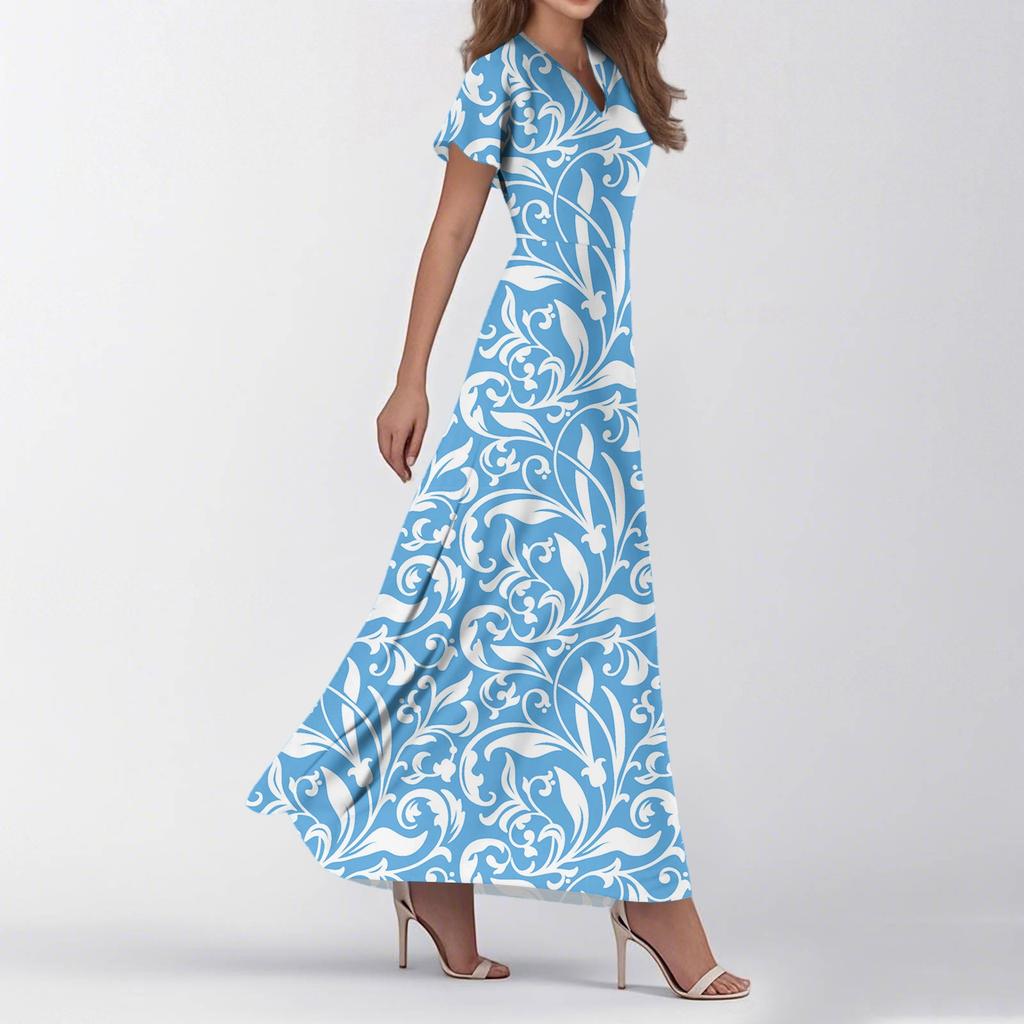 Women's Summer Casual Fashion Print Dresses V-Neck Short Sleeve Dresses