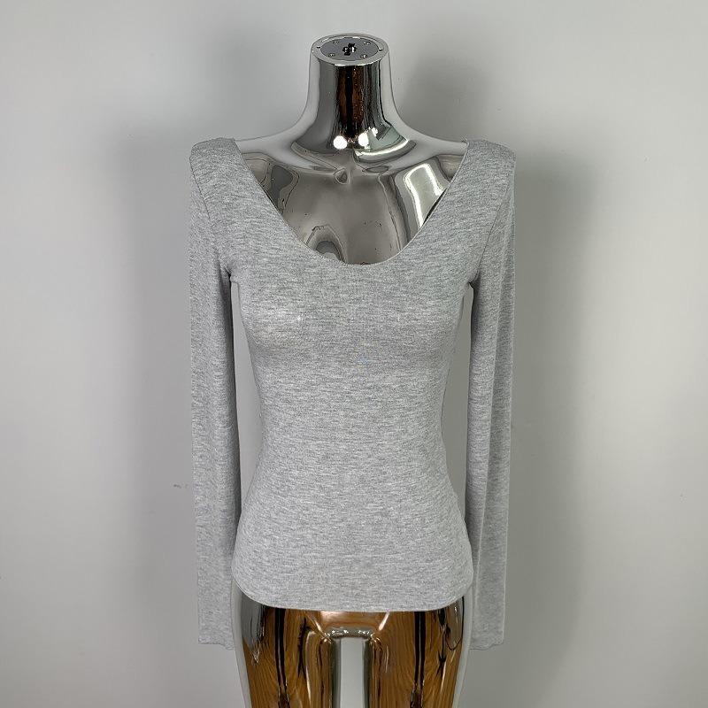 

Весенняя новинка, однотонная облегающая сексуальная женская футболка, повседневная модная тонкая элегантная футболка с длинным рукавом, топы, женская простая офисная футболка с V-образным вырезом 26406 One Size светло-серый