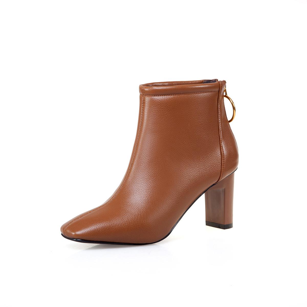 

Женские весенние модные кожаные ботинки в британском стиле с квадратной головкой. Женские узкие сапоги на толстом каблуке с молнией сзади. Женские короткие сапоги большого размера. 41 темно-коричневого