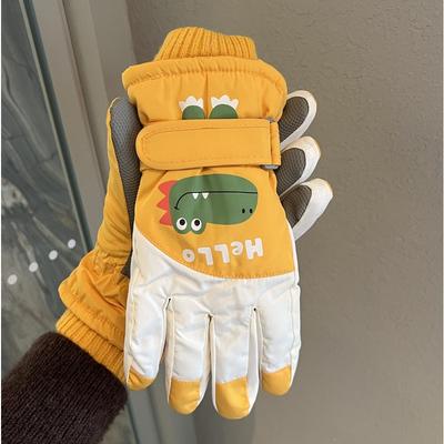Ski Gloves Are Warm and Velvet Thickened In Winter Cute Little Dinosaurs for Boys and Girls  Waterproof and Windproof for Five Finger Riding