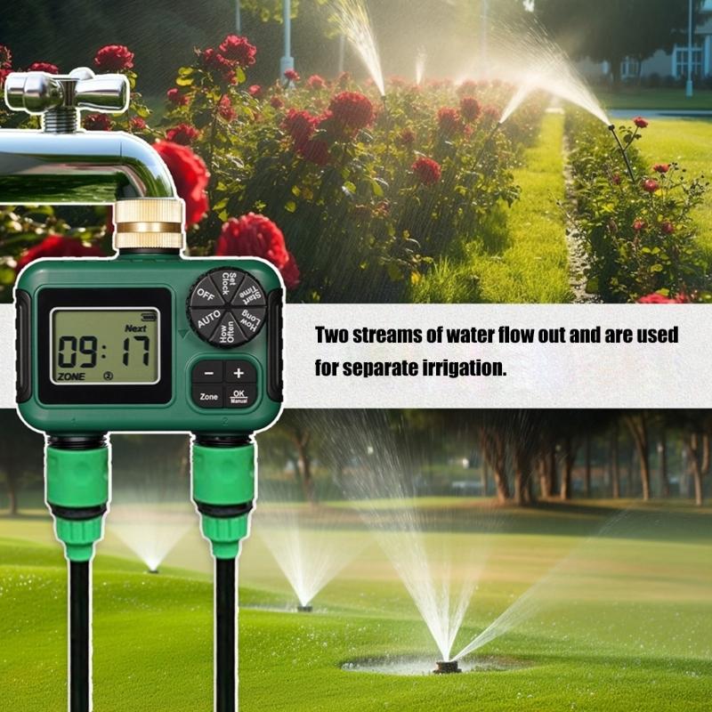 Robust Vattentät Dubbelzons Trädgårdsvattningstimer Mässingsinlopp Automatisk Sprinklerkontroller Med LCD-skärm
