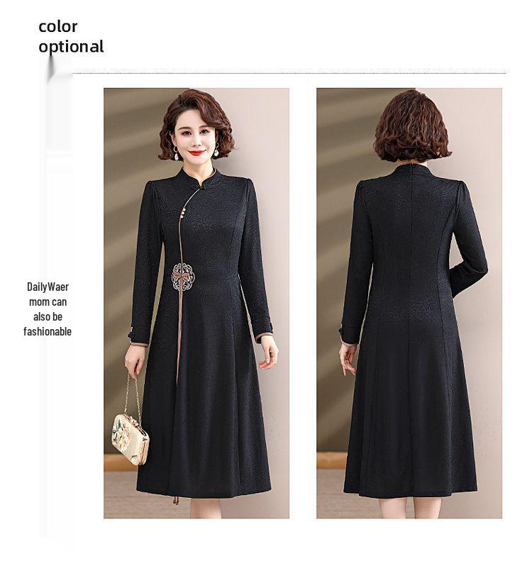 Autumn Embroidered Floral Dress for Middle-Aged Women – Mid-Length, Trendy Chinese Style