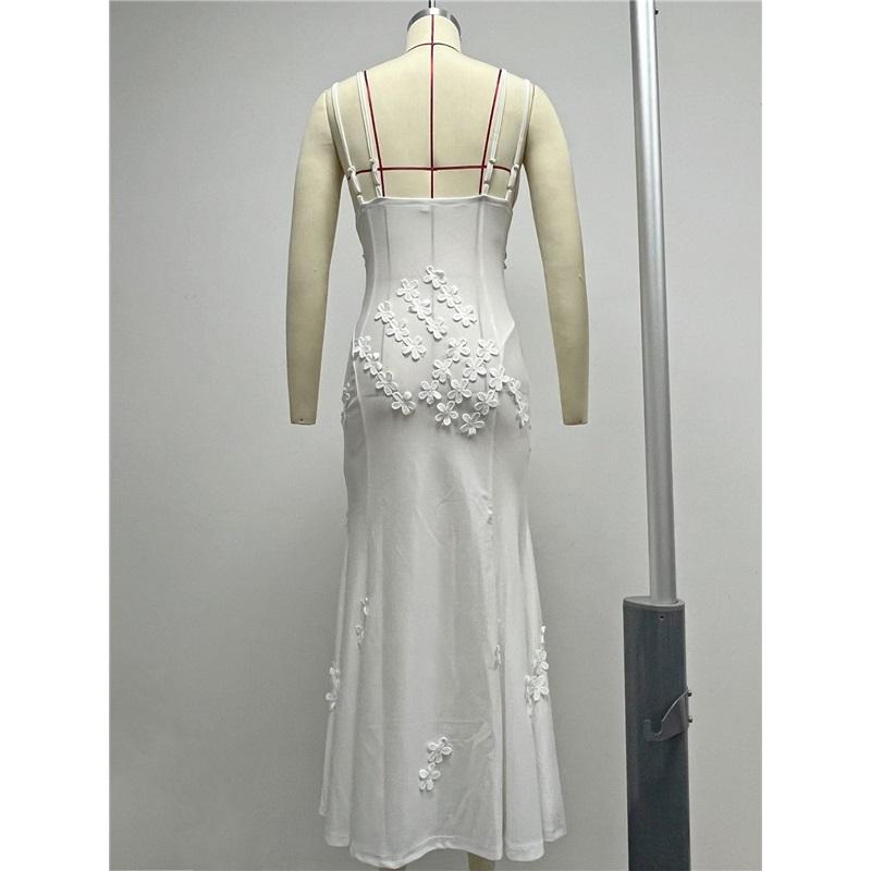 Women See Through Mesh Long Dress Summer 3D Flower Sleeveless V Neck Split Midi Dress Beach Club Sexy Dresses Cover-ups