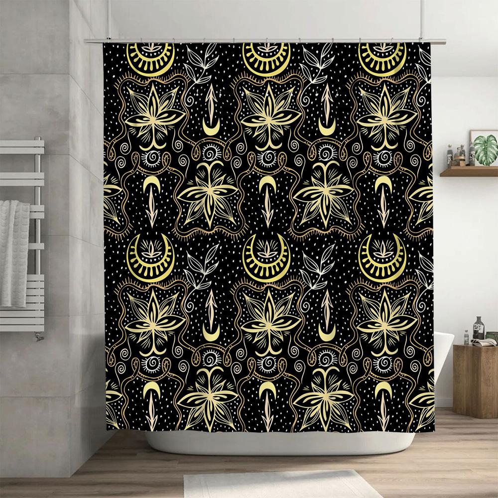 Black Gold Shower Curtain Waterproof Bathroom Decorative Fabric Printed With Abstract Flower Patterns For Home Decoration Size: