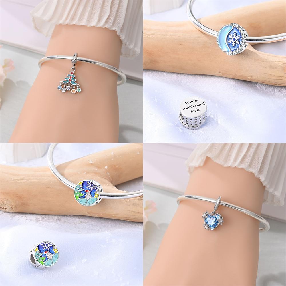 Authentic copper Blue Snowflake Bow Pendant Romantic Star Shape Glass Heart Bead Charms Compatible With Bracelets Diy Jewellery Gift Accessory Making