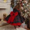 2023 Girls' Christmas Plaid Princess Dress with Long Sleeves and Bow