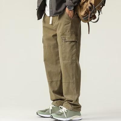 Yousheng Men Cargo Pants Loose Solid Color Vintage Style High Street Style Wide Leg Straight Leg Multi Pockets Streetwear Outdoor Travel Trousers