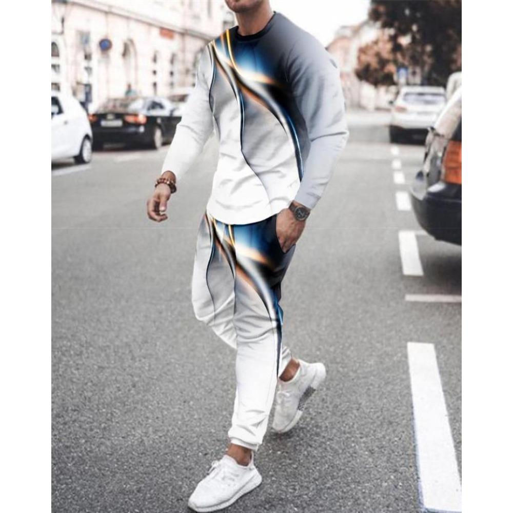 New Men's Long Sleeve T-Shirts Sets Abstract Pattern 3D Print Sports T-Shirt Pants Suit Fashion Tracksuit 2-Piece Jogger Outfits