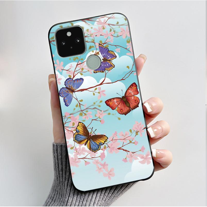 Silikonhülle für Google Pixel 5 Pixel 5A Pixel5 Pixel5A Weiche Abdeckung Luxus Mode Schmetterlingsblumen Bemalt Schwarz Handyhülle