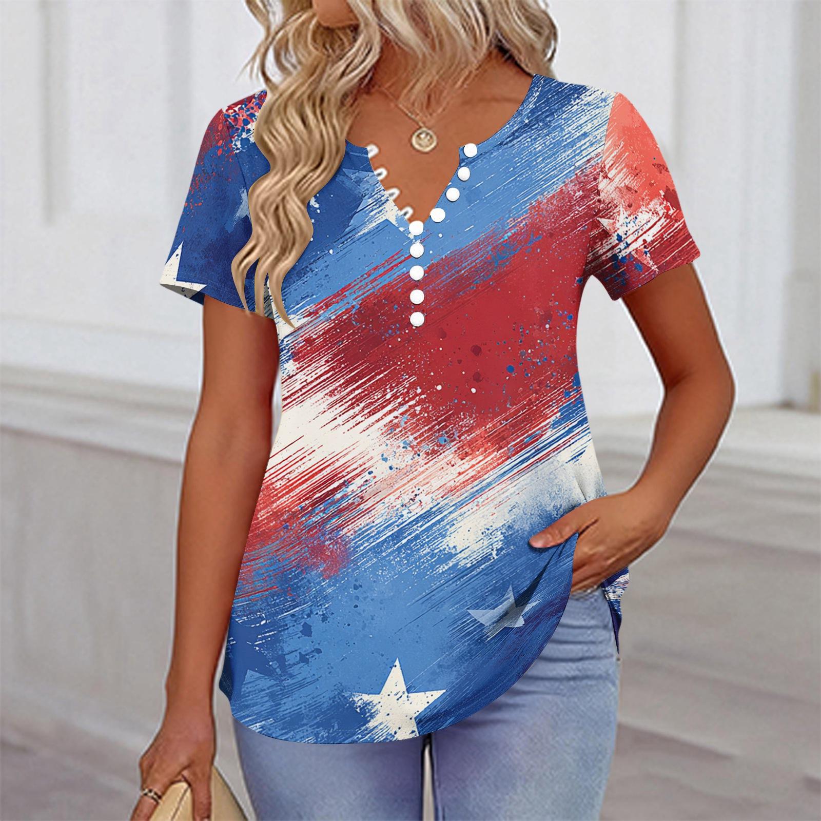 

Women’s Short Sleeve V Neck Star Print Casual Loose Fit Blouse Lightweight Summer Comfortable Top Shirt XL білий