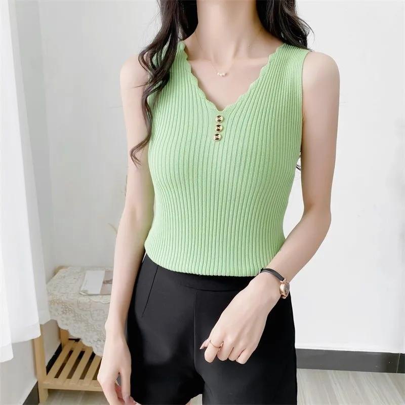 WTEMPO Ice Silk Solid Sport Camisole Women Slim Korean Casual V-Neck Vests Sleeveless Button Knitted Tank Tops