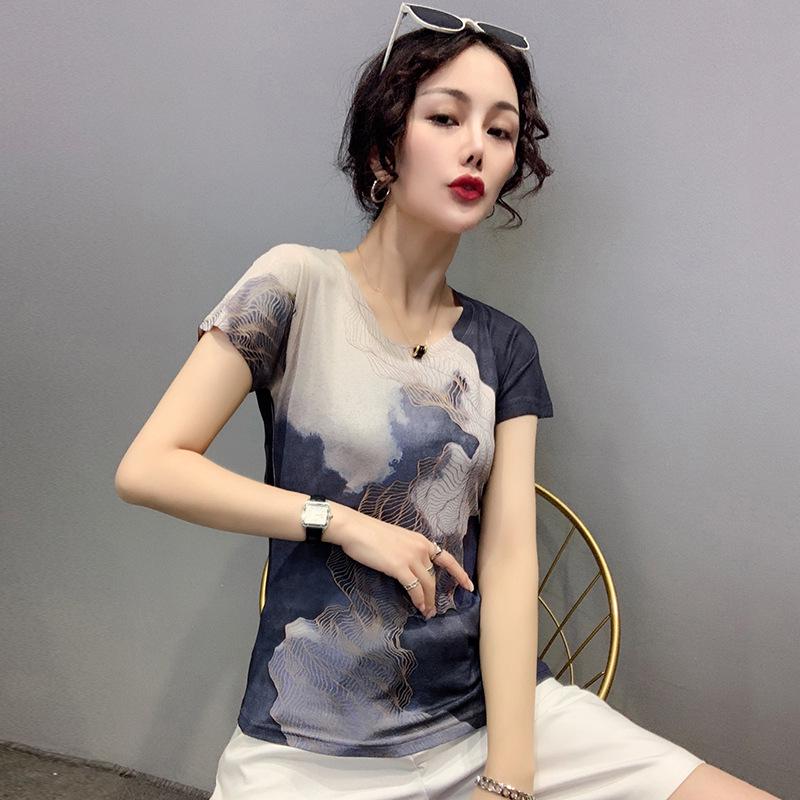 Southeast Asia Europe 2025 Summer Women's Slimming Printed Short Sleeve Top