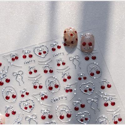 New Strawberry Cherry Sweet Fruits 5D Nail Stickers Bowknot DIY Manicure Decal Self Adhesive Decorations Nail Art Stickers