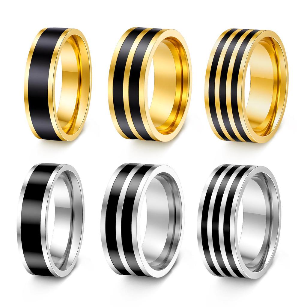 Japanese Korean INS Style Black Stripe Stainless Steel Couple Ring Set