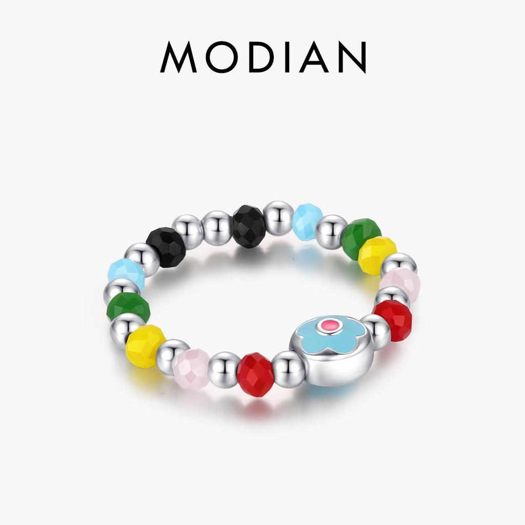 MODIAN Massivt 925 Sterling Silver Färgglada Kristallpärlor Justerbar Ring Emalj Blomma Mode Ringar För Kvinnor Fina Smycken Gåva