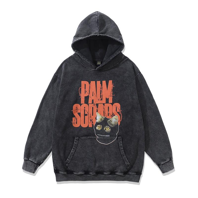 Moletom com Capuz Americano Retrô Estampa Direta em Tinta Branca Oversize Lavado Velho para Homens e Mulheres