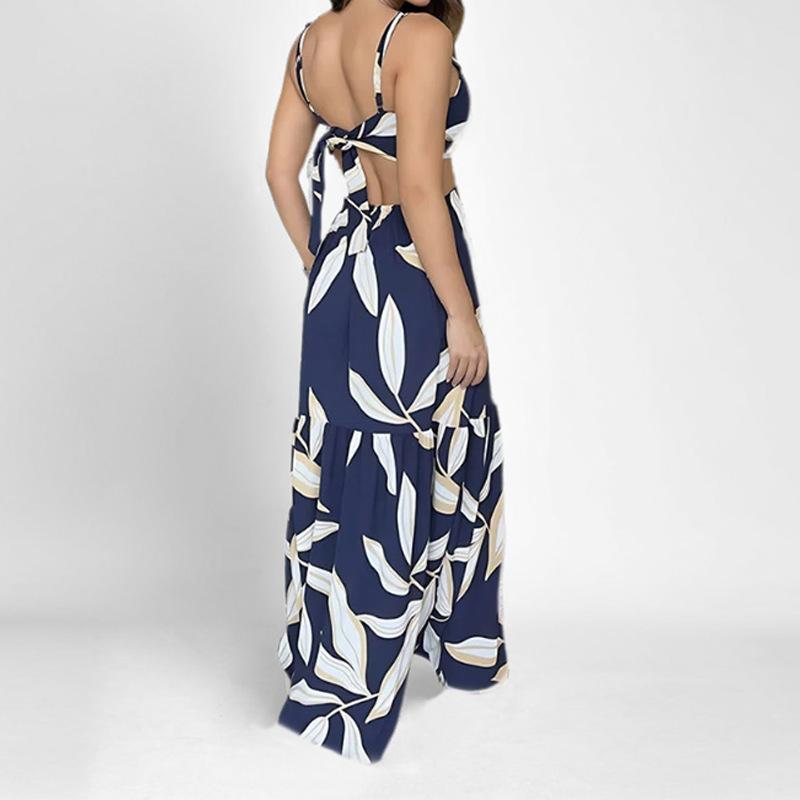 Warm Season New Women's Slanted Collar Fashionable Printed Backless A-line Casual Gown
