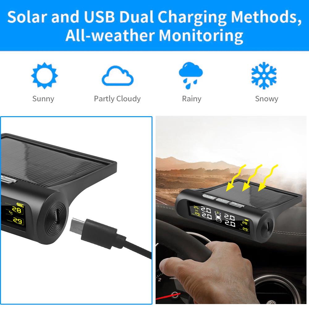 Tire Pressure Temperature Wireless Sensing Tire Pressure Monitor Solar Charging Suitable for Automobile Coupe Suv Mpv Truck
