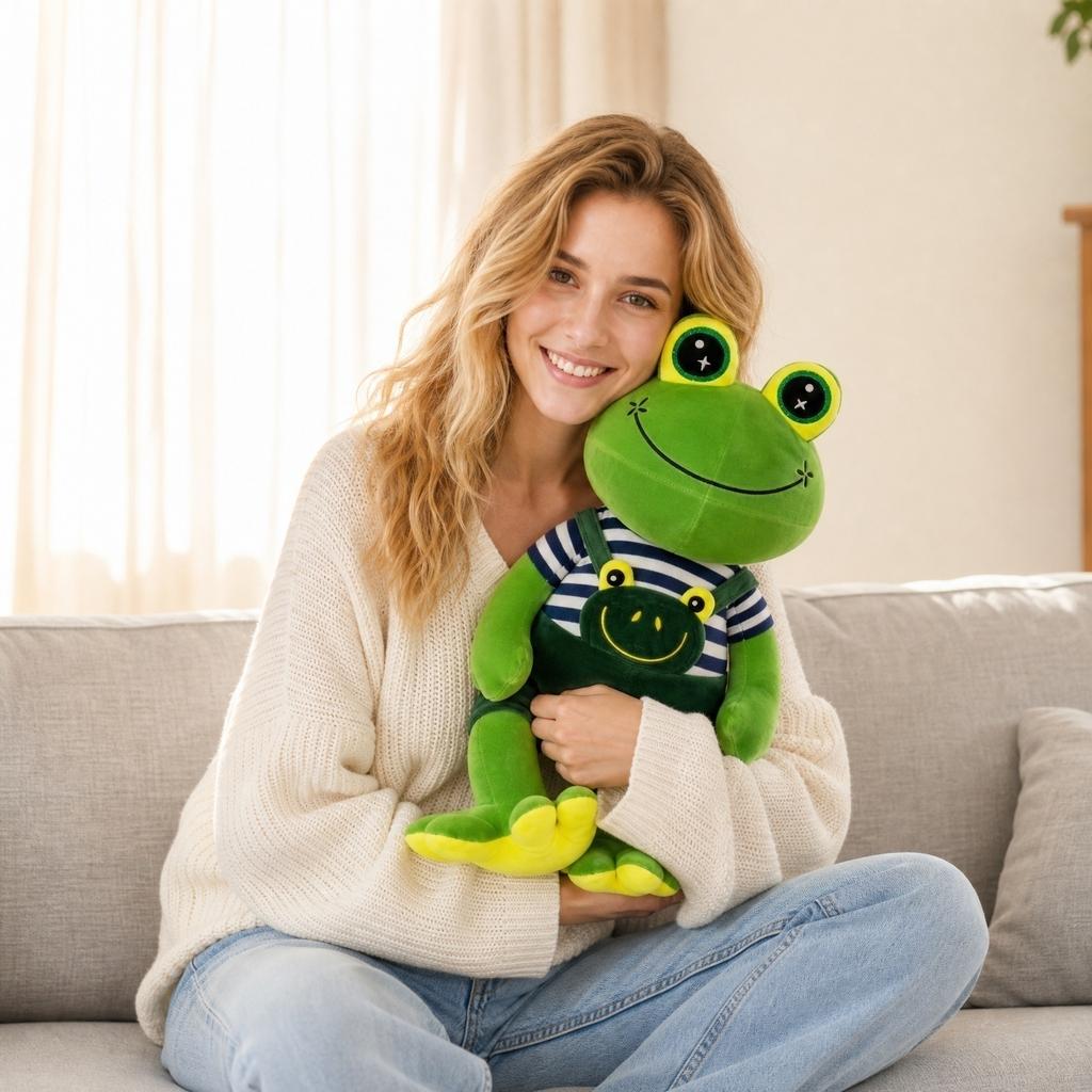 Soft Plush Frog Stuffed Animal Toy 30cm 40cm Size Sitting Design with Overalls and Striped Shirt Collectible Plush Toy for Display and Gift