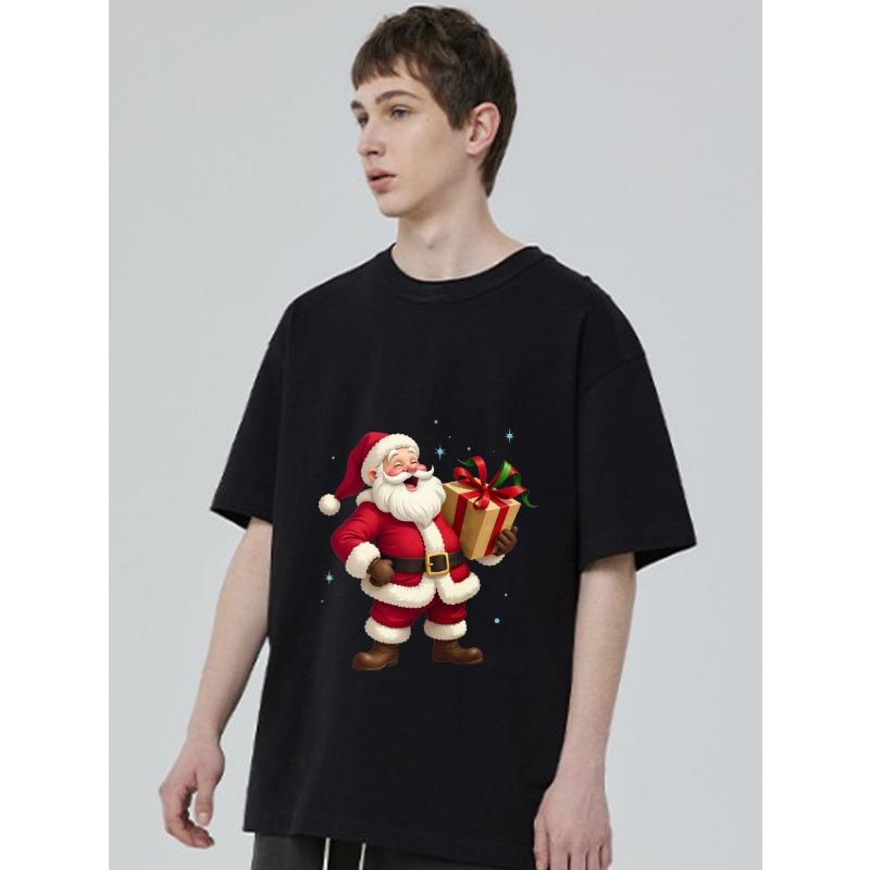 Christmas T-Shirt Black Santa Claus Holding Gift Box Holiday Party Wear