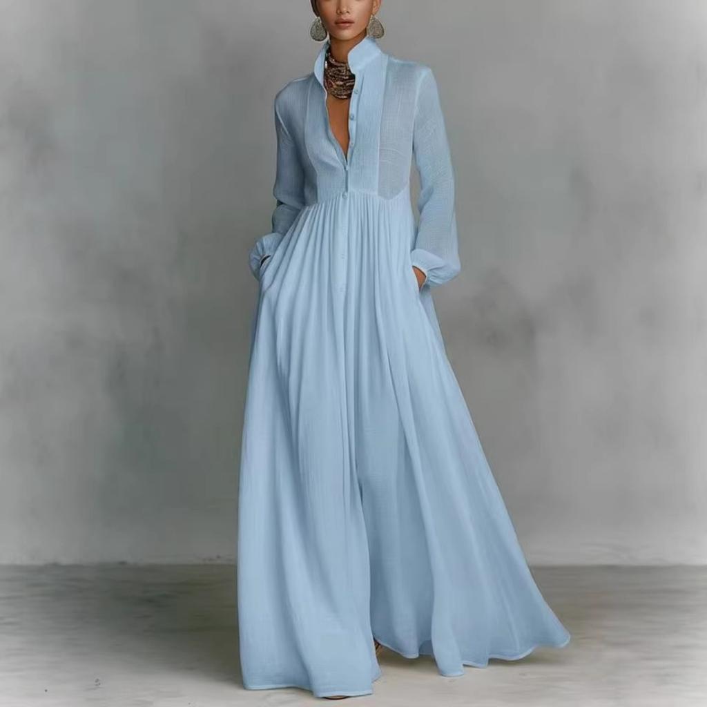 Spring New Arrival Women's Fashion Elegant Solid Color V-neck Splicing Long Dress for Leisure Wholesale