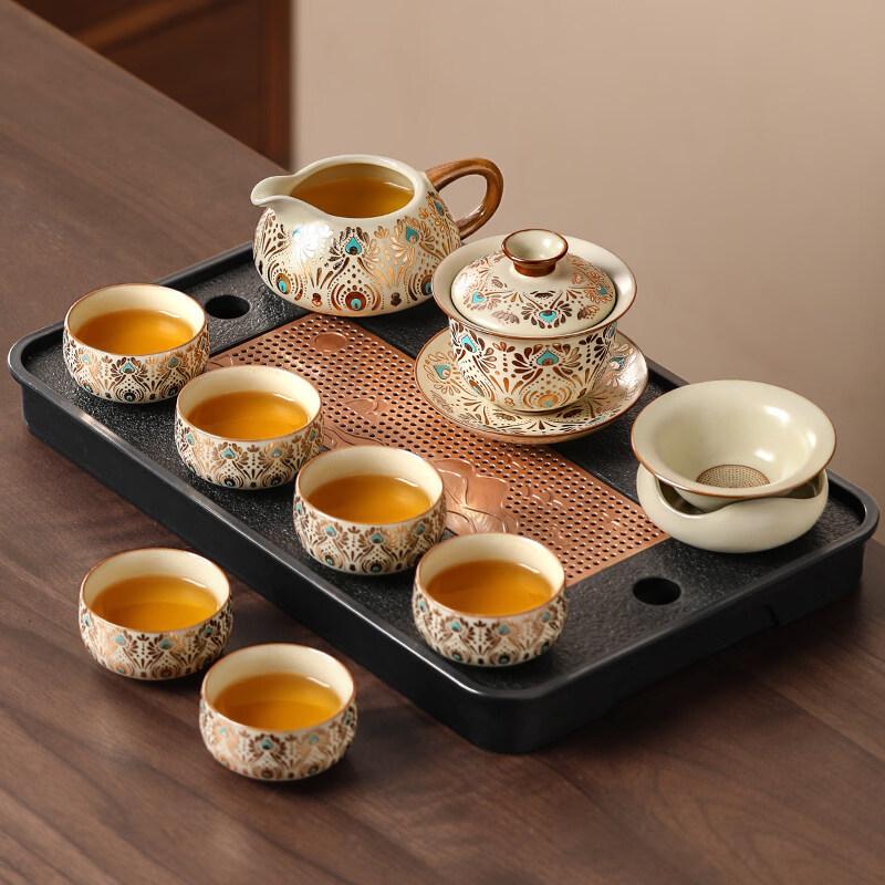 Ru Kiln Gongfu Tea Set with Dunhuang Phoenix Feather Gaiwan