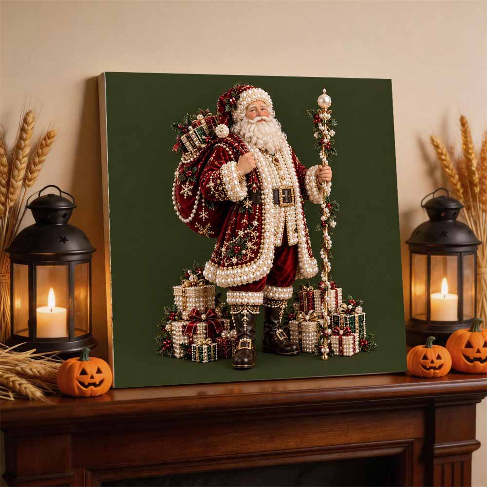 Creative DIY Framed Pearl Art Kit with Christmas Santa Claus Pattern Sparkling Bead Canvas Ready to Display Relaxing Gift for Adults Projects