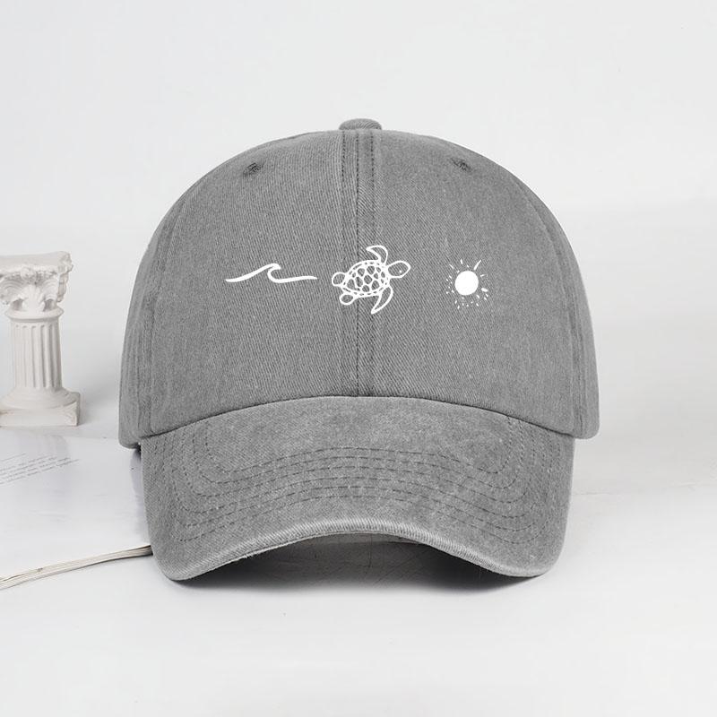 Retro Washed Baseball Cap With Wave, Turtle, And Sun Print – Unisex Adjustable Dad Cap – Summer Beach Sun Hat