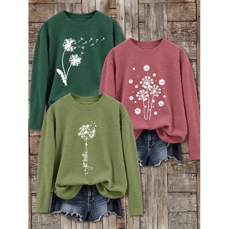 3Women's long-sleeved top (sold individually) T shirt suit | Dandelion letter print theme | Simple, minimalist, and artistic round-neck top | Elegant