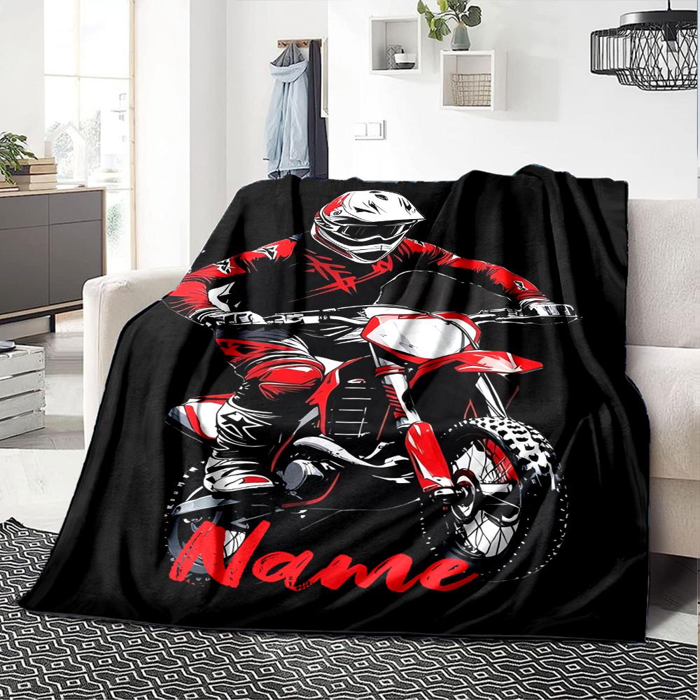 Coperta stampata a tema moto da fuoristrada con nome personalizzato - Perfetta per divano, letto, viaggi e uso all'aperto | Lavabile in lavatrice, accogliente e resistente.