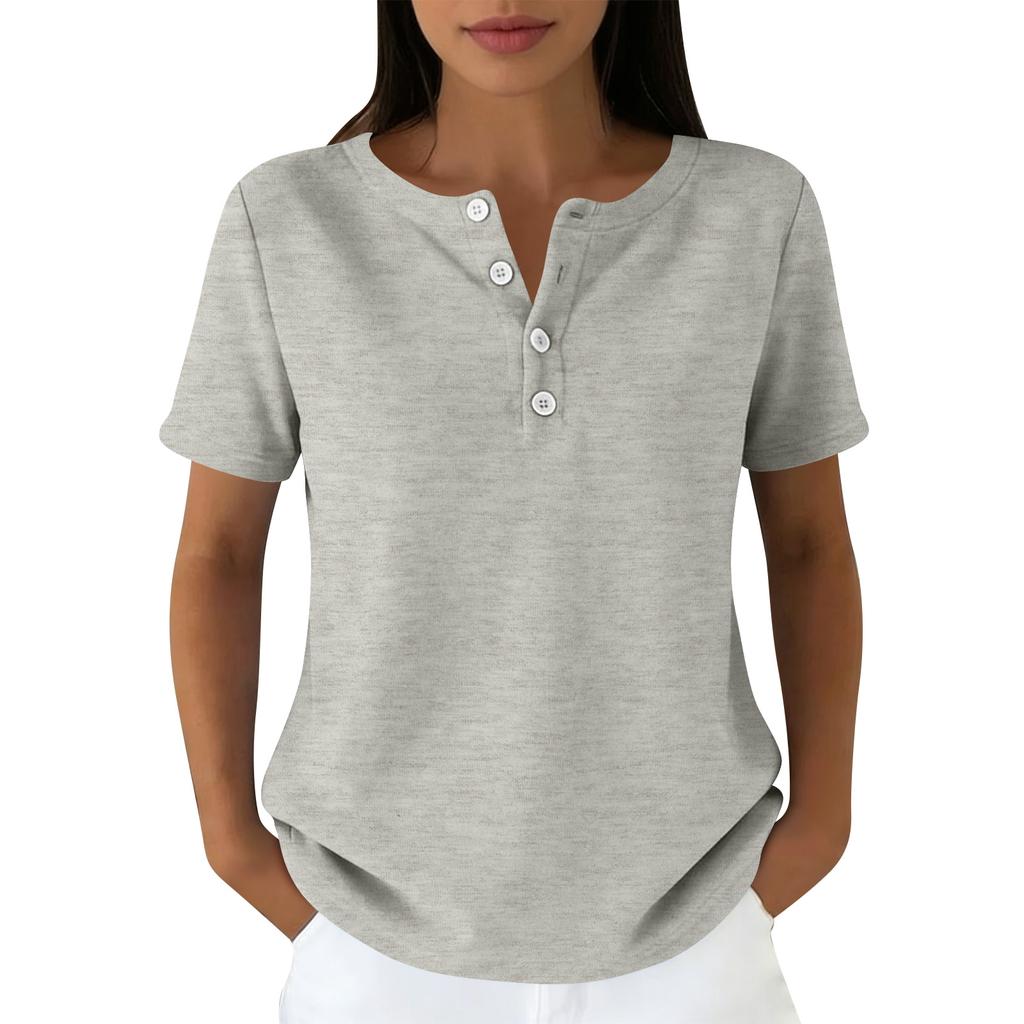 Lässiges Damen-T-Shirt in verschiedenen Farben, V-Ausschnitt, kurzen Ärmeln und Zierknöpfen.