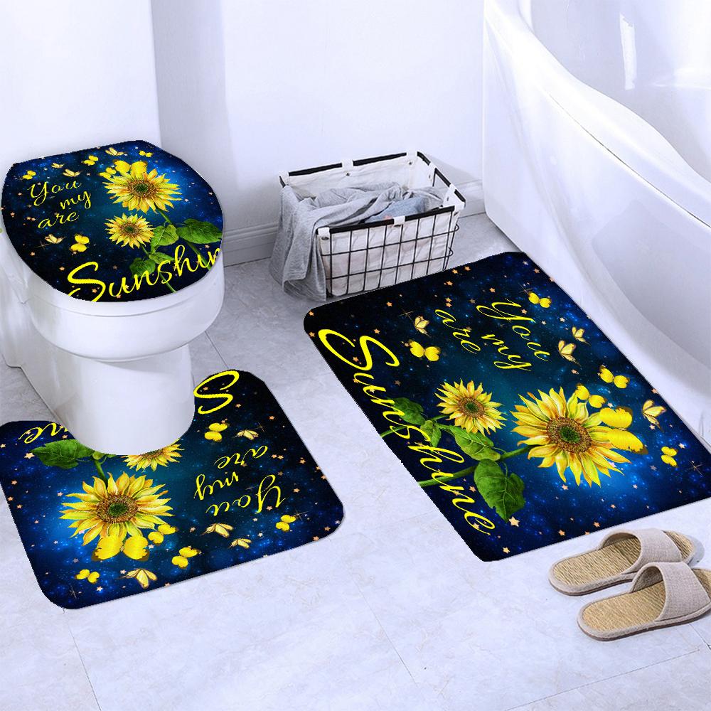 Magic Sunflower Butterfly Shower Curtain Sets Black Yellow Art Country Flower Bathroom Decor Curtains Bath Mats Rug Toilet Cover