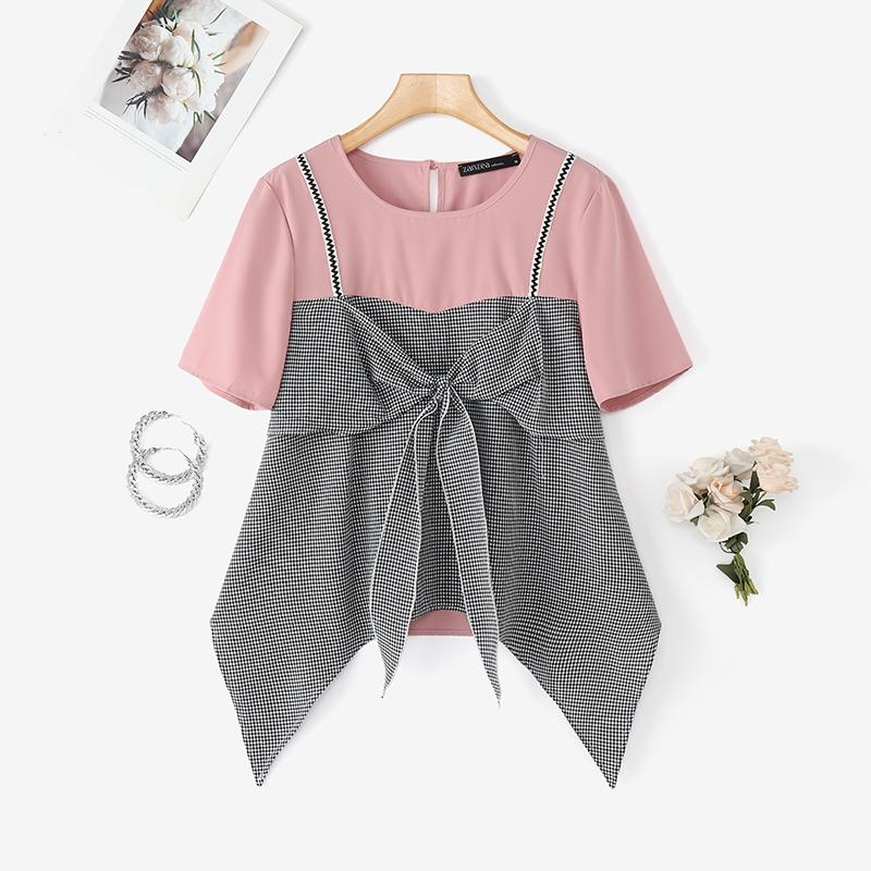 

ZANZEA Женская повседневная блузка с лоскутным узором в клетку, с коротким рукавом, на лето S розовый