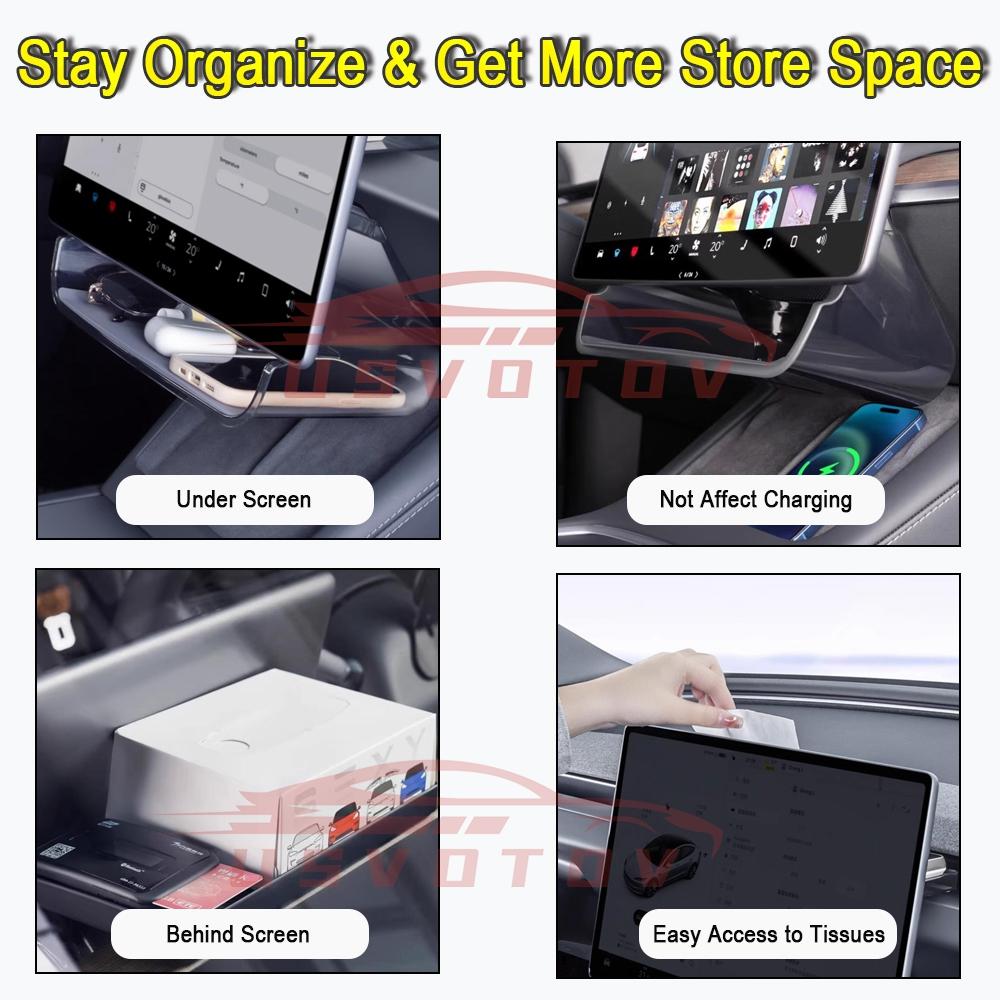 Under Screen Storage Box For Tesla Model 3 Y Highland Center Console Organizer Tray Dashboard Bins Tissue Phone Holder Accessory