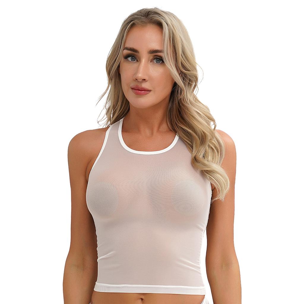Damen Durchsichtiges Netz Tanktop U-Ausschnitt Ärmellos T-Shirt Einfarbige Poolparty Weste Tops Dessous Nachtwäsche
