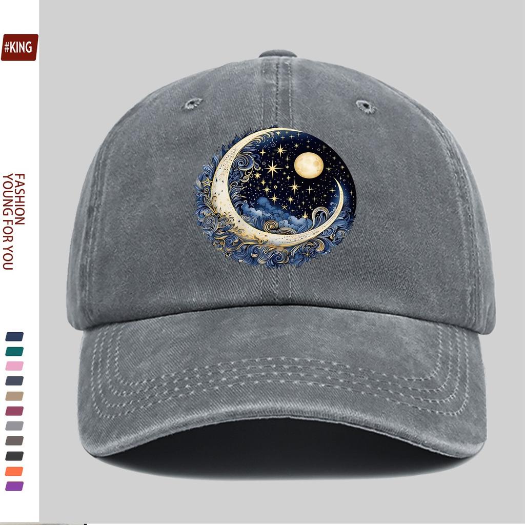 Celestial Moon Stars Baseball Cap Washed Denim Trucker Hat Adjustable Unisex Street Style Outdoor Cap