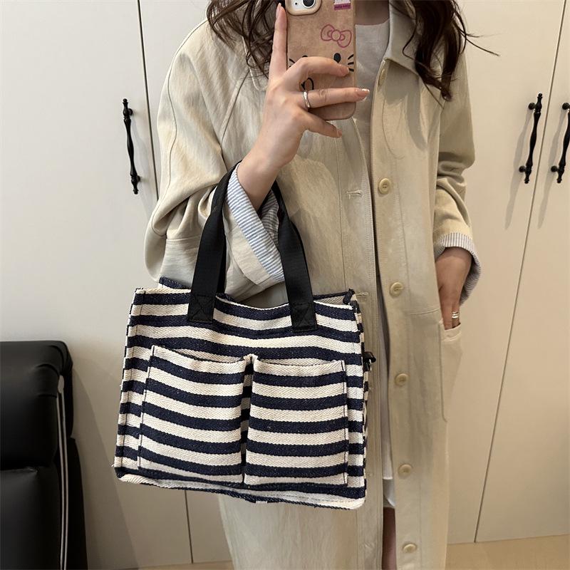 Minimalistische gestreifte Canvas-Tragetasche - Vielseitige Umhängetasche für Frauen, Studentinnen und den lässigen Pendelverkehr