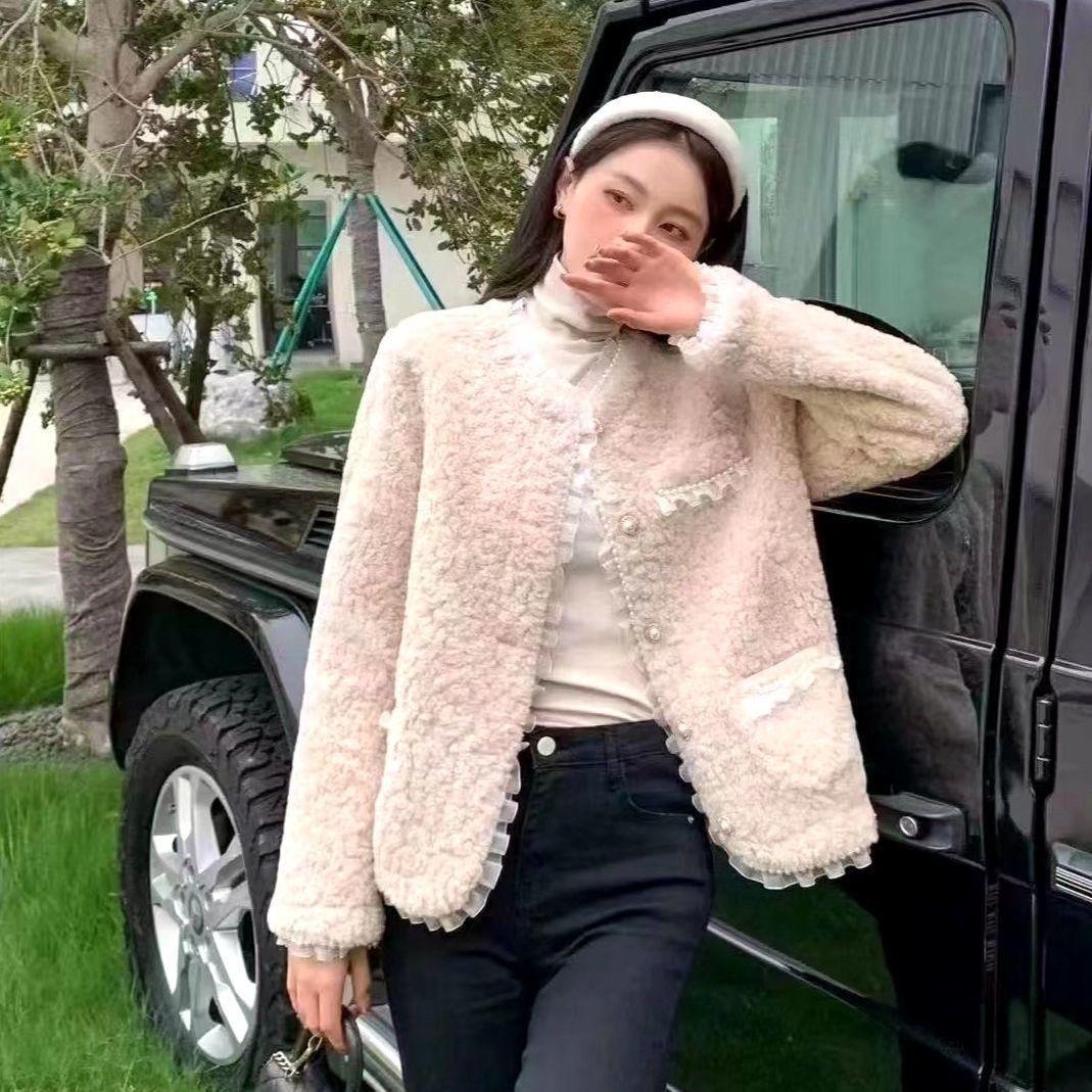 

Женское короткое пальто свободного кроя из овечьей шерсти - Утепленное, из искусственного кроличьего меха, в корейском стиле с кружевом L (115-130 jin) абрикосовый