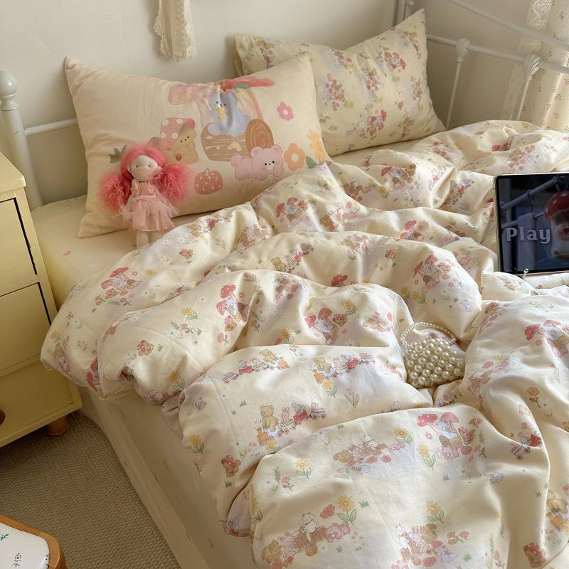 Adorable Puppy Cartoon Cotton Bedding Set, 1.2m Student Dorm - Includes Bed Sheet, Duvet Cover, and Pillowcase.
